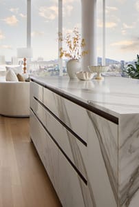 Kitchen island with waterfalling edge