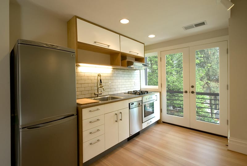 Kitchenette and Balcony in Twin Studios Duplex Conversion
